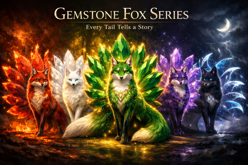 Gemstone Fox Series hero banner featuring five regal gemstone-inspired foxes with radiant fanned tails, representing emerald, ruby, amethyst, diamond, and celestial storm energies for the Jadefoxkae jewelry collection.