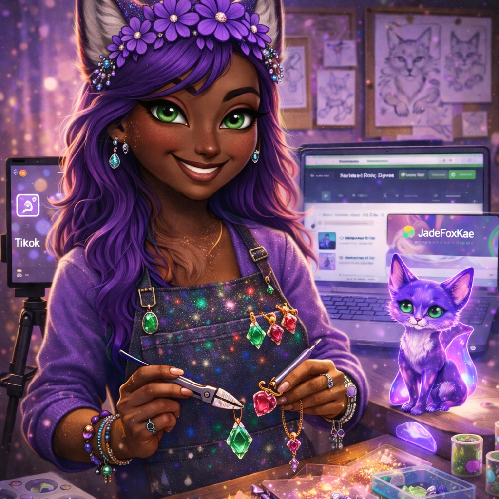 Fantasy illustration of a fox artisan crafting gemstone jewelry in a vibrant magical workshop, with cosmic elements and a small mystical fox.
